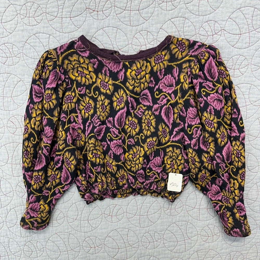 NWT Free People No Ordinary Top Black Floral Reversible Puff / Women's XS